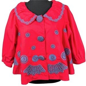 Anthropologie Red and Blue Embroidered Blazer